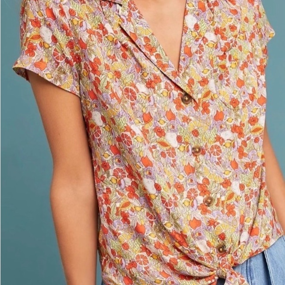 Maeve Citrus Floral Short Sleeve Button-Down in Orange, Yellow & Purple